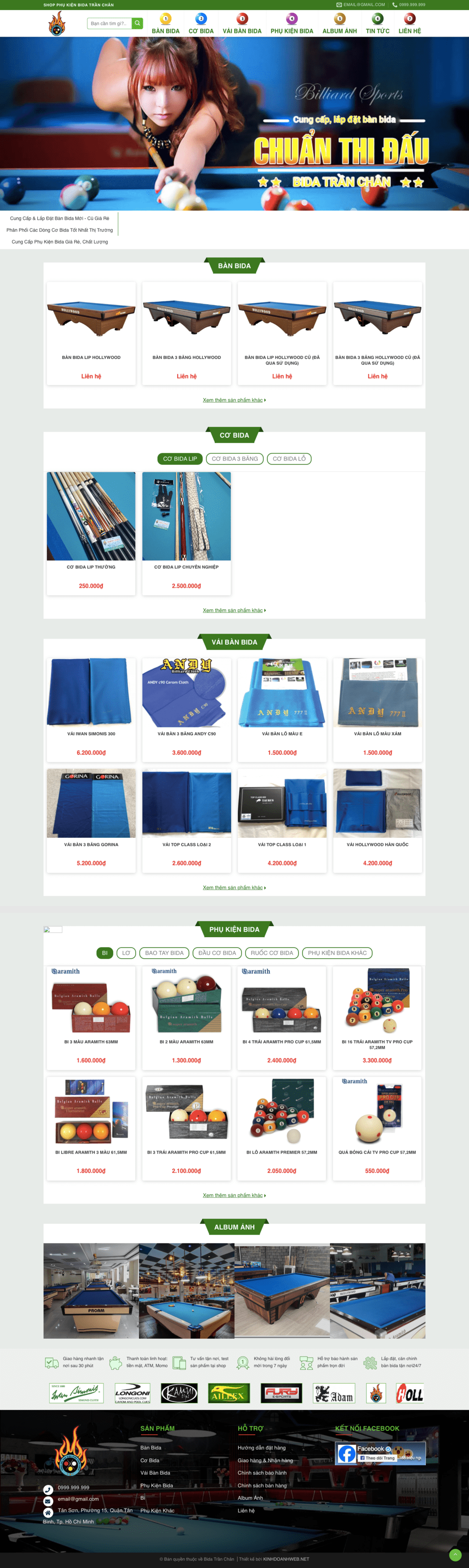 Phụ kiện bida - Mẫu website bán các sản phẩm phụ kiện bida
